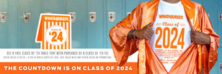 View model wearing white class of 2024 tee underneath orange graduation gown. Reads the countdown is on class of 2024. Get a free class of '24 table tent with purchase of a class of '24 tee. Valid 3/26/24 - 3/28/24 while supplies last. Not valid with any other offer or promotion.