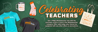 View assorted WhataTeacher products on chalkboard background. Reads Celebrating Teachers. Get a free Whatateacher tote with the purchase of $10 or more in the Whatateacher category. Offer valid 5/7/24 only. Cannot be combined with any other offers or promotions.
