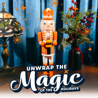 View Whataburger Nutcracker in front of blue curtain with holiday foliage. Reads Unwrap the Magic of the Holidays.