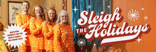 View four adults wearing Whataburger matching 2024 Adult Pajama Sets. Reads Sleigh the Holidays. Matching Jammies for the whole family - including kids!