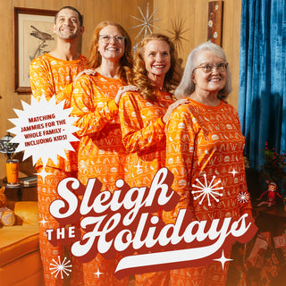 View four adults wearing Whataburger matching 2024 Adult Pajama Sets. Reads Sleigh the Holidays. Matching Jammies for the whole family - including kids!