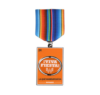 view spinning whataburger fiesta medal featuring a viva fiesta saying above a flying W