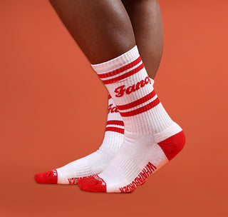 view model wearing fancy ketchup socks