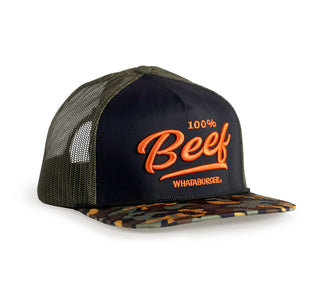 view whataburger staunch hat featuring the graphic '100% Beef'. also includes a camo brim.