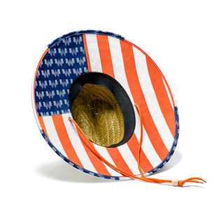 view whataburger flag straw hat bottom design with whataburger logos and orange and white stripes