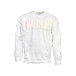 View front of white whata crewneck