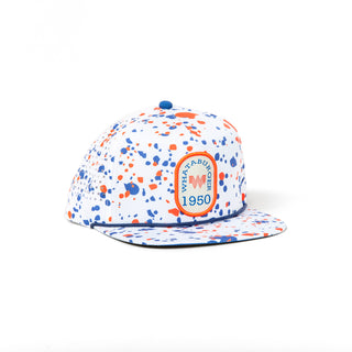 View front of white drip patch staunch collection hat