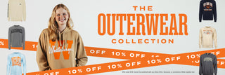 View woman wearing sweatshirt and other assorted outerwear in background. Reads the outerwear collection. 10% off. Offer ends 10/18. Cannot be combined with any other offers, discounts, or promotions. While supplies last. 