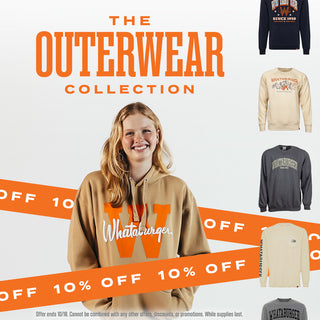 View woman wearing sweatshirt and other assorted outerwear in background. Reads the outerwear collection. 10% off. Offer ends 10/18. Cannot be combined with any other offers, discounts, or promotions. While supplies last. 