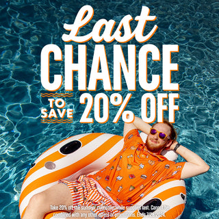 View man in striped tube in pool wearing Whataburger apparel. Reads last chance to save 20% off. Take 20% off our summer collection thru 7/28.