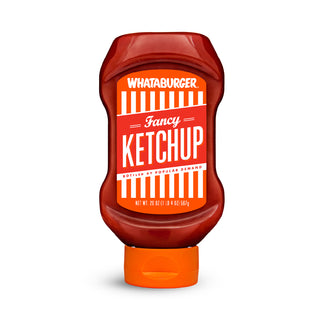 Front view of Whataburger Fancy Ketchup 20 oz squeeze bottle with signature orange-and-white striped label.