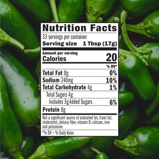 Nutrition facts label for a product with green peppers in the background