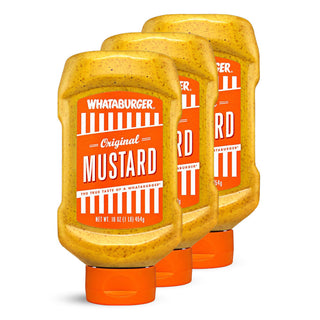 Three bottles of Whataburger Original Mustard on a white background