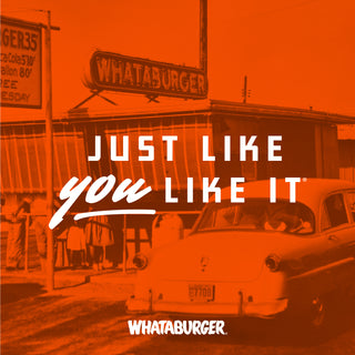 Vintage car parked in front of a Whataburger restaurant with promotional text overlay.