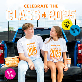 Two people in white 'Class of 2025' Whataburger t-shirts, sitting on a truck bed, smiling. Text reads, 'Celebrate the Class of 2025' with a 20% off sale for the 'Class of 2025 Tee' from May 13-18.