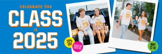 Two people wearing white 'Class of 2025' Whataburger t-shirts, sitting on a truck bed, holding Whataburger drinks. Text reads, 'Celebrate the Class of 2025' with a 20% off sale for the 'Class of 2025 Tee' from May 13-18.