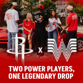 Houston Rockets and Whataburger logos on a red background. A group of friends in co-branded streetwear stands by a red car. Text reads: 'Two power players, one legendary drop.'