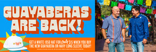 Promotional banner for Guayaberas with a man wearing a blue shirt and jeans, standing outdoors.
