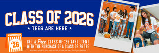 Promotional banner for Class of 2026 tees with a photo of people wearing 'Class of 2026' shirts.