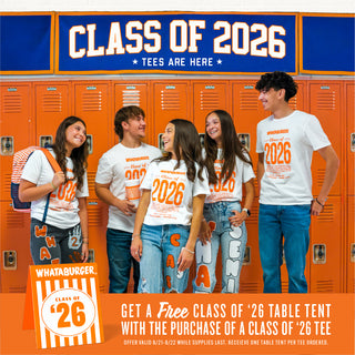 Group of high school students wearing 'Class of 2026' shirts in front of orange lockers with promotional text.