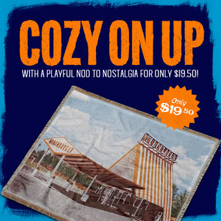 Promotional image of a blanket with a vintage-style building design, featuring text about price and style.