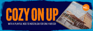 Promotional banner with 'Cozy On Up' text and a rustic cabin image on a blue background.