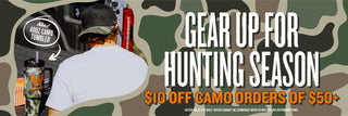 Promotional image with a camouflage background featuring a man wearing a camo Whataburger hat and holding a 40oz Camo Tumbler. Text reads: 'Gear Up for Hunting Season – $10 Off Camo Orders of $50+.' A callout highlights the new 40oz Camo Tumbler. Offer valid 9/9 only.