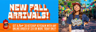 Promotional banner for Whataburger with 'New Fall Arrivals!' text and a woman wearing a Whataburger t-shirt.