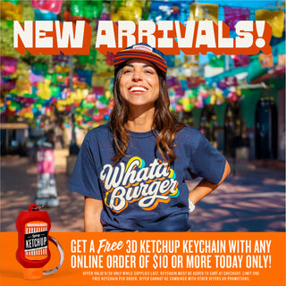Woman wearing a 'What a Burger' shirt with colorful background and promotional text.