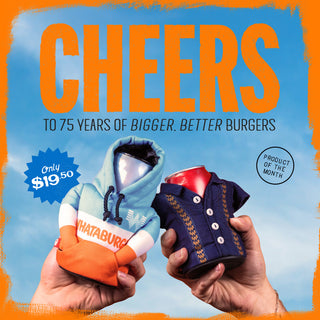 Promotional image of two toy burgers in costumes with 'Cheers' text and product details.