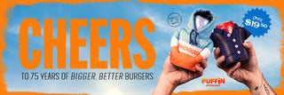 Promotional banner for Puffin with two hands holding burger-themed items against a blue sky background.