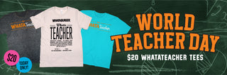 Three t-shirts with 'World Teacher Day' text on a green chalkboard background
