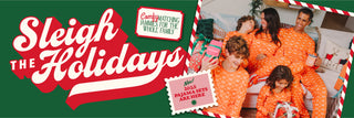 A festive graphic with the text “Sleigh the Holidays” beside a family wearing matching orange Whataburger pajamas, smiling and exchanging gifts. A tag reads “New! 2025 Pajama Sets Are Here.”