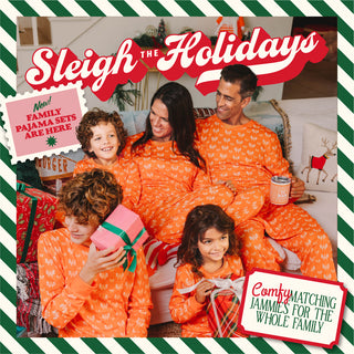 A festive graphic with the text “Sleigh the Holidays” beside a family wearing matching orange Whataburger pajamas, smiling and exchanging gifts. A tag reads “New! 2025 Pajama Sets Are Here.”