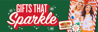 Promotional banner for 'Gifts That Sparkle' with two women holding Whataburger drinks and fries on a green background.