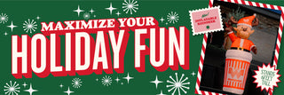 Promotional banner encouraging holiday fun with text and festive graphics on a green background.