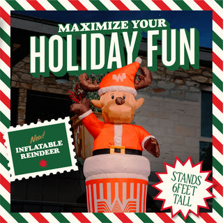 Inflatable reindeer decoration with text promoting holiday fun and product features.