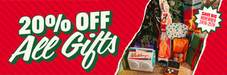 Promotional banner with '20% Off All Gifts' offer on a red background, featuring Christmas gifts and decorations.