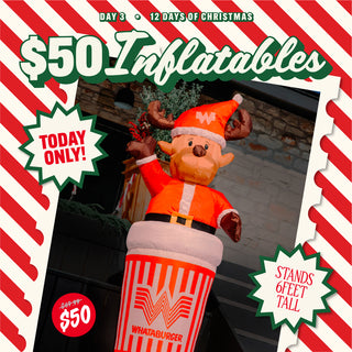 Promotional banner for $50 reindeer inflatables with a reindeer inflatable.