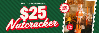 Promotional banner for a $25 Nutcracker toy with a green background and text overlay.