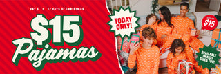 Promotional banner for $15 pajamas with a family in pajamas and a red background.