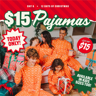 Family wearing matching orange pajamas with Christmas decorations and promotional text.