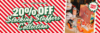 Promotional banner for a 20% off Stocking Stuffers Collection with a red and white striped border.
