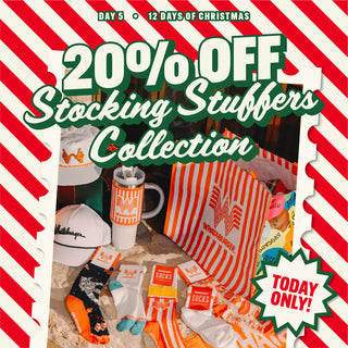 Promotional image for a 20% off stocking stuffers collection with various items on a red and white striped background.