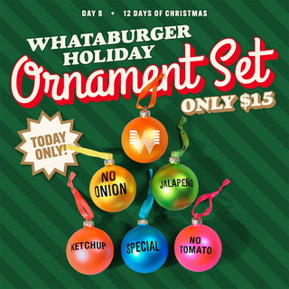 Promotional image of Whataburger holiday ornament set with colorful ornaments on a green background.