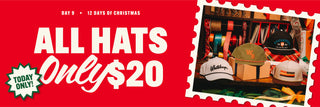 Promotional banner for a sale on hats with a red background and text overlay.