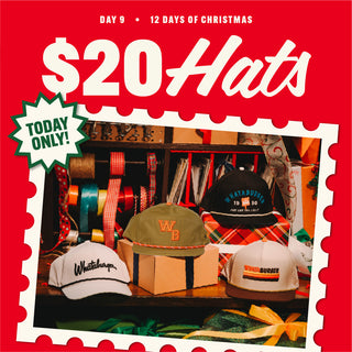 Promotional graphic for $20 hats with a red border and text overlay.