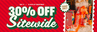 Promotional banner with '30% Off Sitewide' offer on a red background, featuring Christmas-themed products.