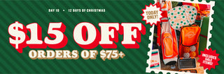 Promotional banner with Christmas-themed items and a discount offer on a green background.
