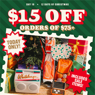 Promotional flyer for a Christmas sale with gift bags, a tree, and a 'Whataburger' box on a green background.